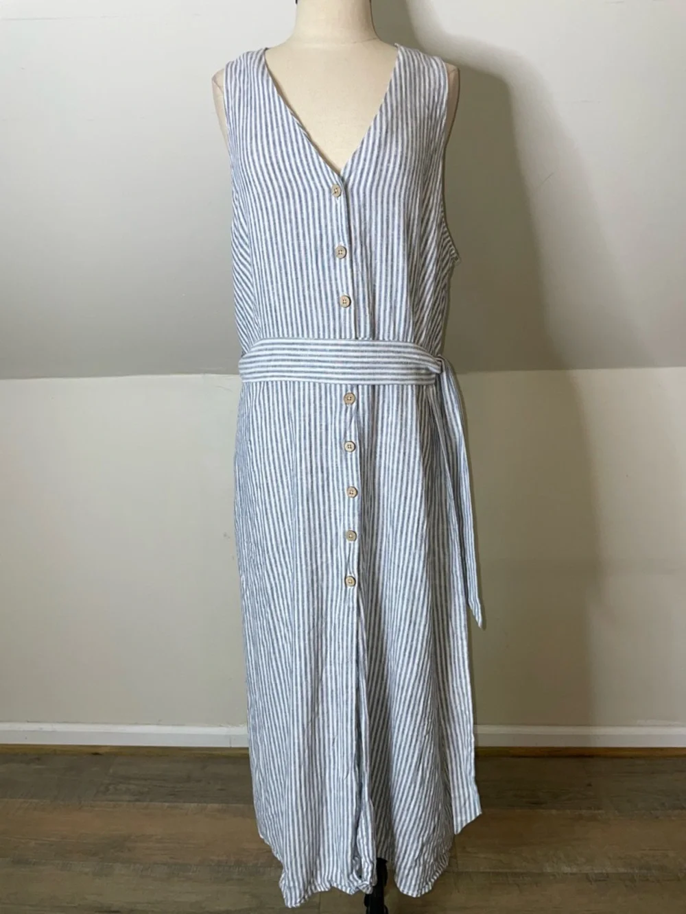 Casa Cabana XL Blue White Striped Shirt Dress Sleeveless Belt Pockets NWOT - Picture 7 of 9